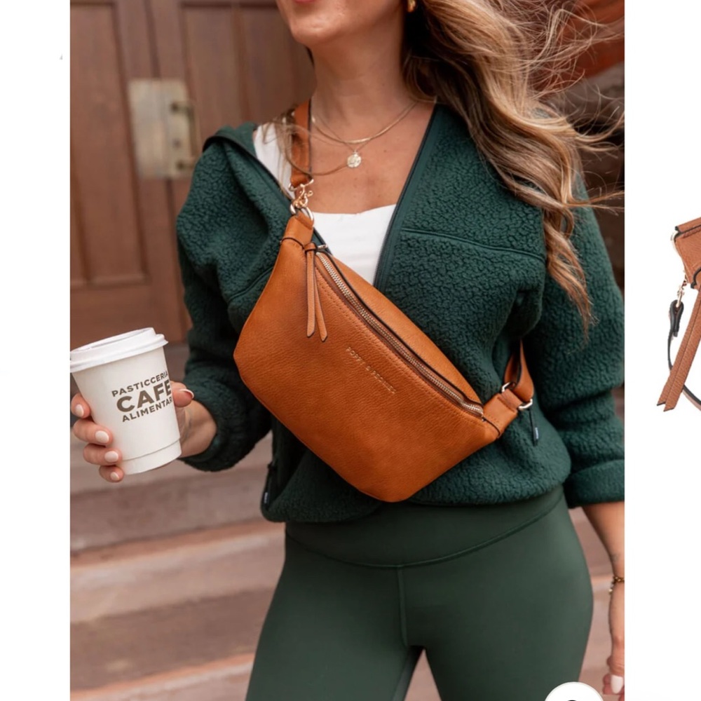 Poppies & Peonies Sidekick Camel Belt/Crossbody Bag in cognac.